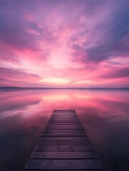 Naklejka premium Tranquil sunset reflecting on a calm lake, with a wooden pier extending into the water.