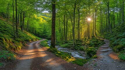 Obraz premium Serene forest path diverging near a stream at sunset, inviting exploration and tranquility