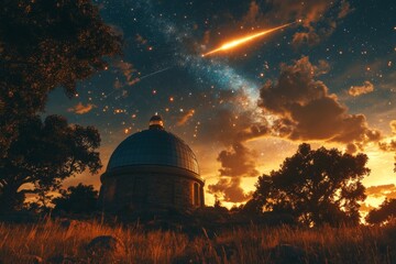 Obraz premium Observatory dome under meteor shower