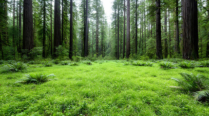 Fototapeta premium Redwood forest clearing, lush grass, misty day, nature background, travel poster