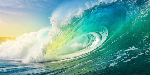 A huge ocean wave rolls in, capturing vibrant shades of turquoise and yellow as sunlight filters through the water. The dynamic movement of the wave is highlighted by the foamy white surf.AI