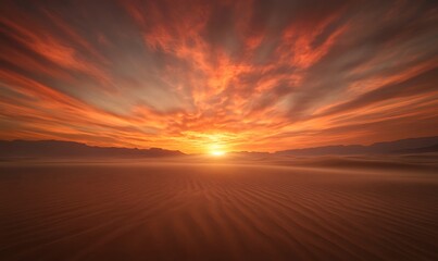 Vibrant sunset over a desert landscape with dramatic clouds and golden sands.