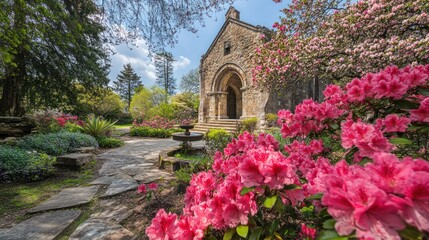 Naklejka premium Serene Spring Garden Chapel: Azaleas in Bloom