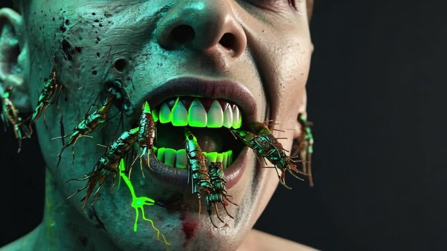 The zombie&rsquo;s veins glow neon green, hinting at an alien parasite controlling it. As the camera zooms in, tiny bio-mechanical creatures crawl from its gums and throat