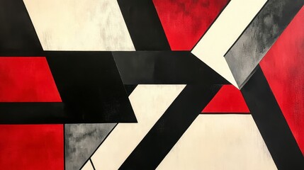 Hard-edge abstract with precise, intersecting blocks of black, red, and white