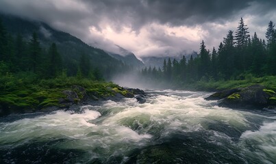 Obraz premium A turbulent river flows through a misty forest under dark, dramatic skies.
