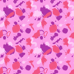seamless pattern features vibrant abstract paint splatters in shades of pink, purple, and red on a light pink background, creating a playful and artistic design