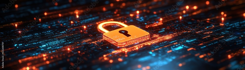 Poster lock on a circuit board with a glowing background representing cybersecurity and data protection