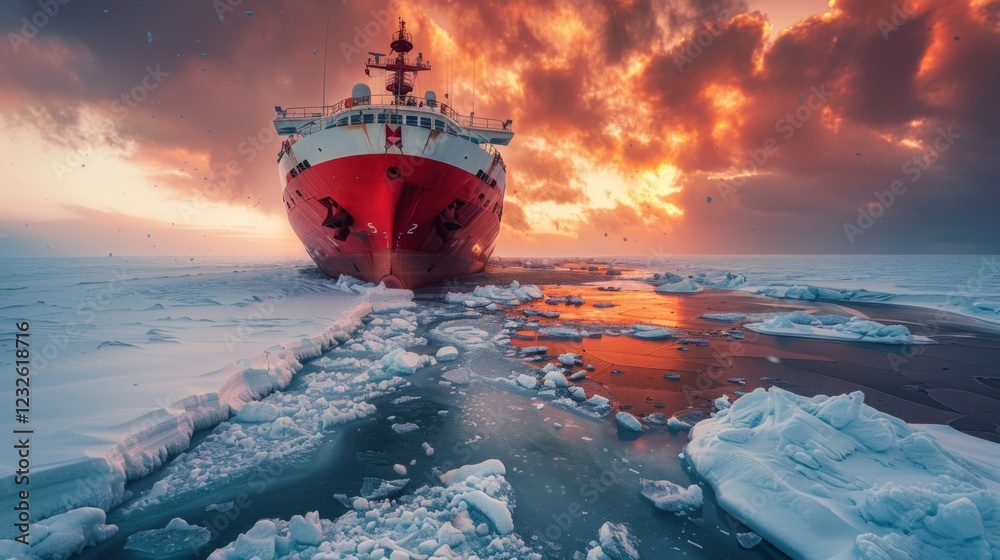 Poster a research vessel moves through a pathway of ice in polar waters during sunset, with vibrant colors 