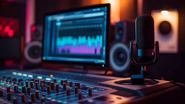 view of a podcast recording session with a laptop displaying audio editing software 