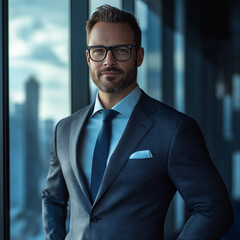 Fototapeta premium Corporate professional leadership portrait in urban office setting business environment contemporary viewpoint career empowerment