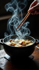 Hand using chopsticks over steaming soup in a black pot on table.