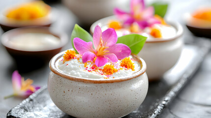 Creamy dessert with flowers, served in bowls. Food photography for recipe blogs