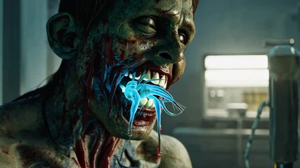 The zombie is a failed experiment with alien parasites writhing inside its mouth as the camera moves deeper, revealing a monstrous second jaw
