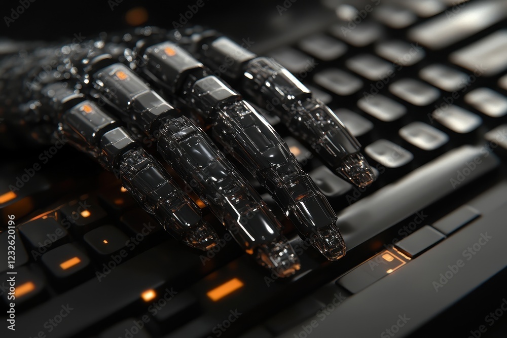 Poster robot hand on a computer keyboard, 3d rendering. concept of artificial intelligence in financial mar