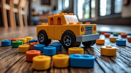 Fototapeta premium Yellow toy truck on wooden floor, colorful blocks scattered, blurred background, playroom setting, ideal for children's toy or educational content