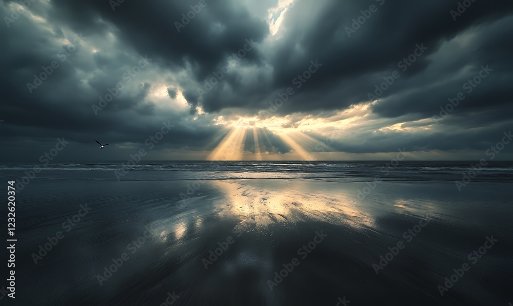 Aufkleber Dramatic clouds reflect in calm waters as light breaks through, creating a serene yet moody atmosphere.