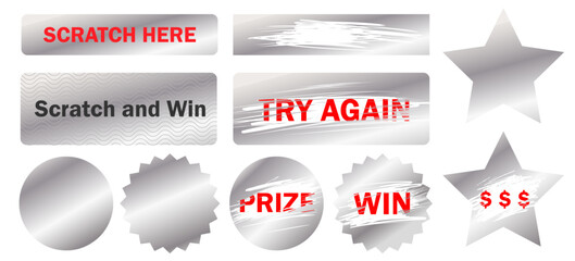 Silver lottery scratch cards featuring a metallic protective layer that can be erased. These gambling tickets showcase a scraping texture effect, designed as instant-win coupons. vector-based promotio