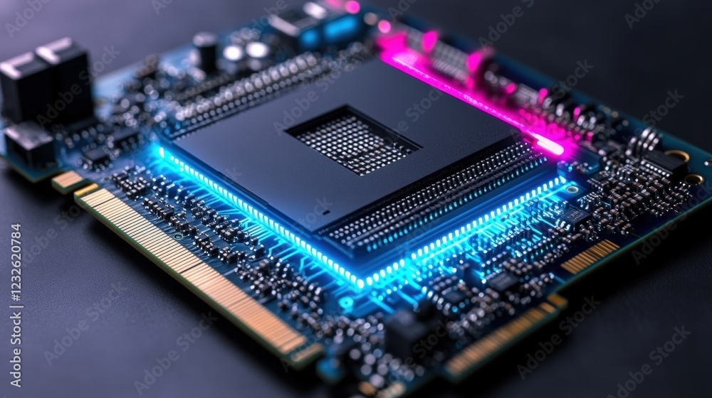 Poster close up view of a computer processor showcasing intricate circuits and technology details