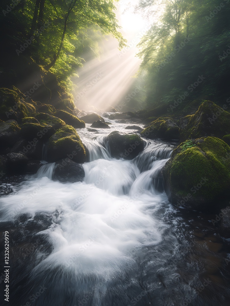 Aufkleber serene stream flowing over mossy rocks with sunlight filtering through trees.