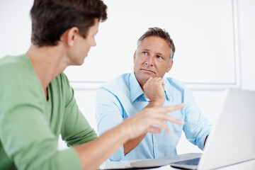 Business people, laptop or mentor in discussion in meeting for feedback, research or support....