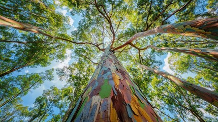 A vibrant rainbow eucalyptus tree with its colorful, peeling bark standing tall in a lush green forest.