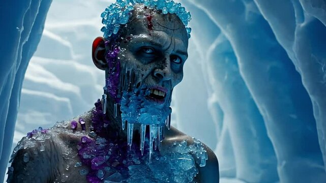 winter-themed zombie with blue-tinted flesh, icicles hanging from its jaw, and a grotesque frostbite effect tearing the skin apart