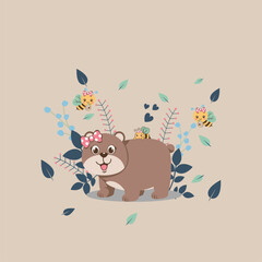 Cute bear vector illustration with beautiful flower decoration and butterfly insect, colorful and cheerful design
