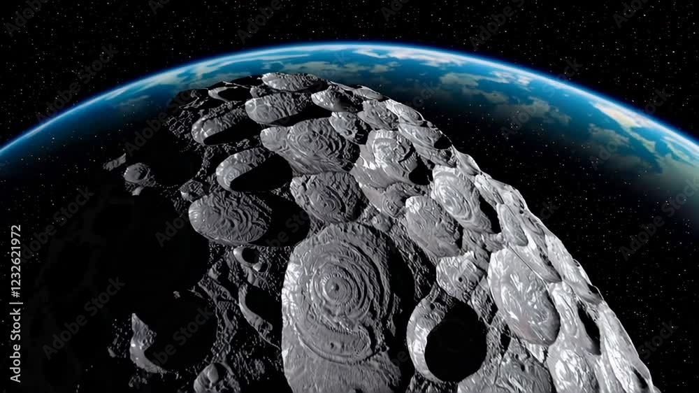 Poster planet earth faces imminent danger as a massive asteroid, scarred with countless craters, hurtles th