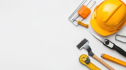 Comprehensive Collection of Construction Tools and Safety Gear Featuring a Bright Yellow Hard Hat, Metal Ruler, Utility Knife, Paint Roller, Screwdriver, and Other Essential Tools