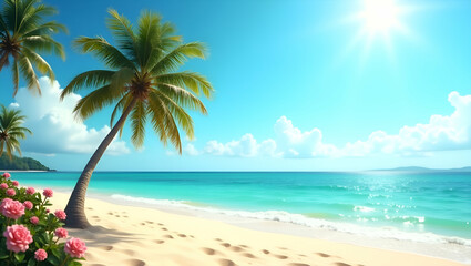 Obraz premium Blue beach with palm tree