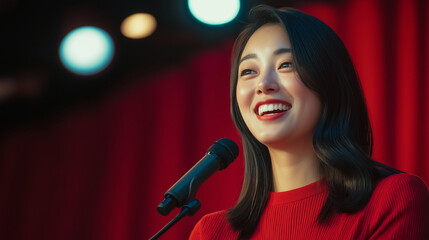 スピーチする日本人の女性