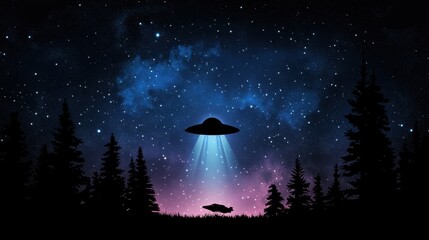 Mysterious UFO Encounter in a Starry Night Sky with Forest Silhouette