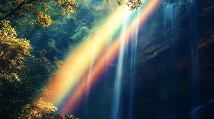 Rainbow over Waterfall in Lush Forest