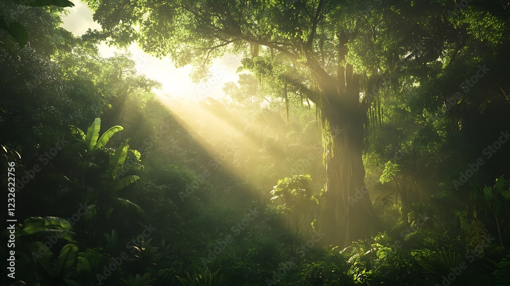 Aufkleber Lush forest with sunlight filtering through trees, creating a serene and mystical atmosphere.