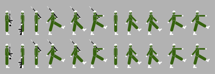 Soldiers march with weapons. Army pictogram design.