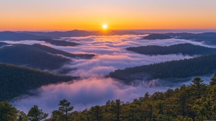 Fototapeta premium Majestic Sunrise Over Foggy Mountain Landscape