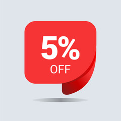 5% off discount, five percent chat balloon. Special offer sale red tag. Concept of the price list for discounts. Advertising campaign, sales, label offer. Vector illustration.