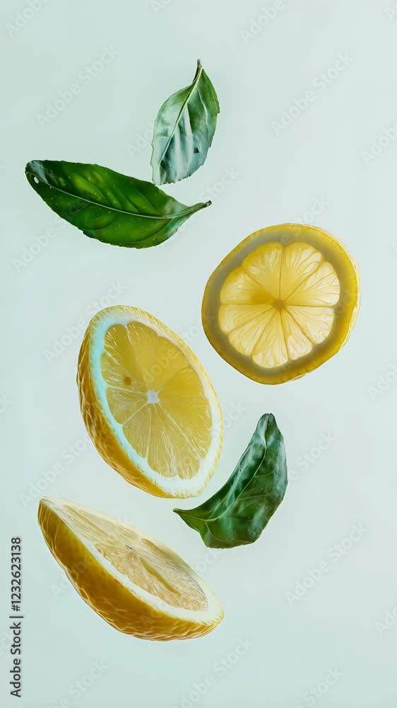 Poster Three vibrant lemon slices and three fresh green leaves levitating against a light green background, creating a refreshing and lively visual perfect for summer and spring themes