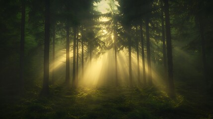 Naklejka premium Sunlight filters through a dense forest, creating a serene and mystical atmosphere.