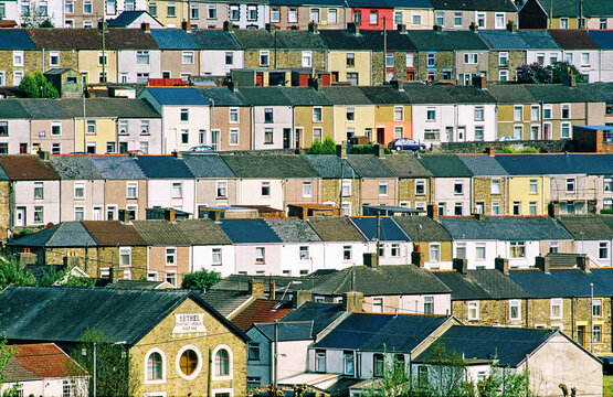 Tredegar town village coal mining community terraced houses and Bethel Baptist Church, Gwent, south Wales, UK