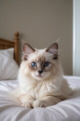 araffy cat laying on a bed with white sheets and a wooden headboard