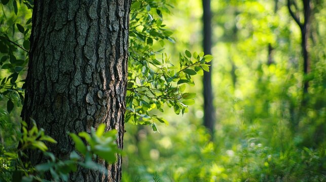 A peaceful forest with the textured bark of eucalyptus trees standing out against a backdrop of green foliage. - Powered by Adobe