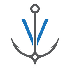 Initial Letter V Anchor Logo Design Concept For Boat, Ship, Yacht, Nautical Transport Symbol