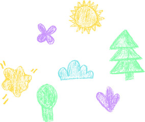 Hand drawn doodle sketch children cute. Colorful crayon drawings of trees, sun, clouds, watermelon and flowers isolated on white background