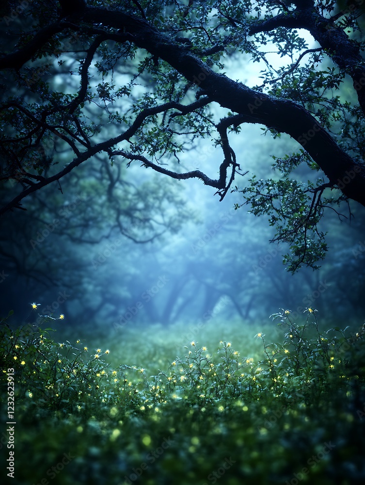 Poster mysterious forest scene with mist, illuminated grass, and dark branches creating a serene atmosphere