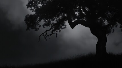 Fototapeta premium Stormy Night, Silhouetted Oak Tree, Hillside, Dramatic Sky, Film Still