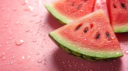 Juicy watermelon slices with water droplets on pink background.