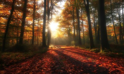 Obraz premium Serene autumn forest scene with sun rays illuminating a path covered in colorful leaves.