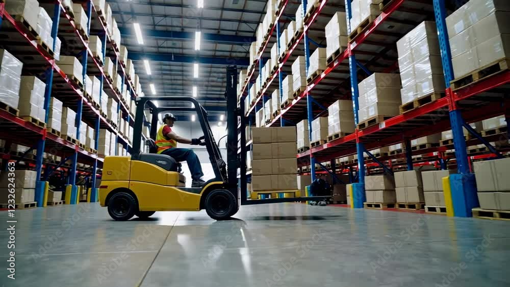 Aufkleber Warehouse worker skillfully operates a forklift, efficiently lifting and moving stacked boxes amidst towering storage racks within a bustling distribution center